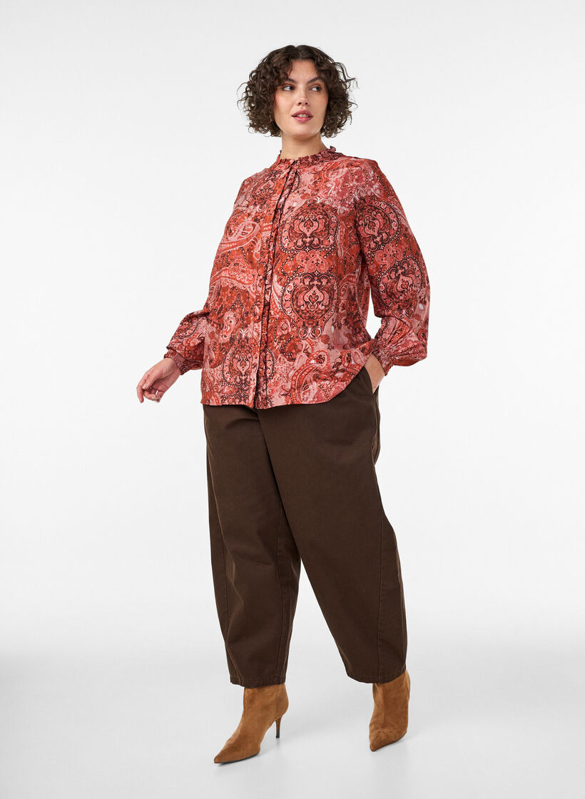 Viscose blouse met paisleyprint en ruches, Oranje, Model image number 1