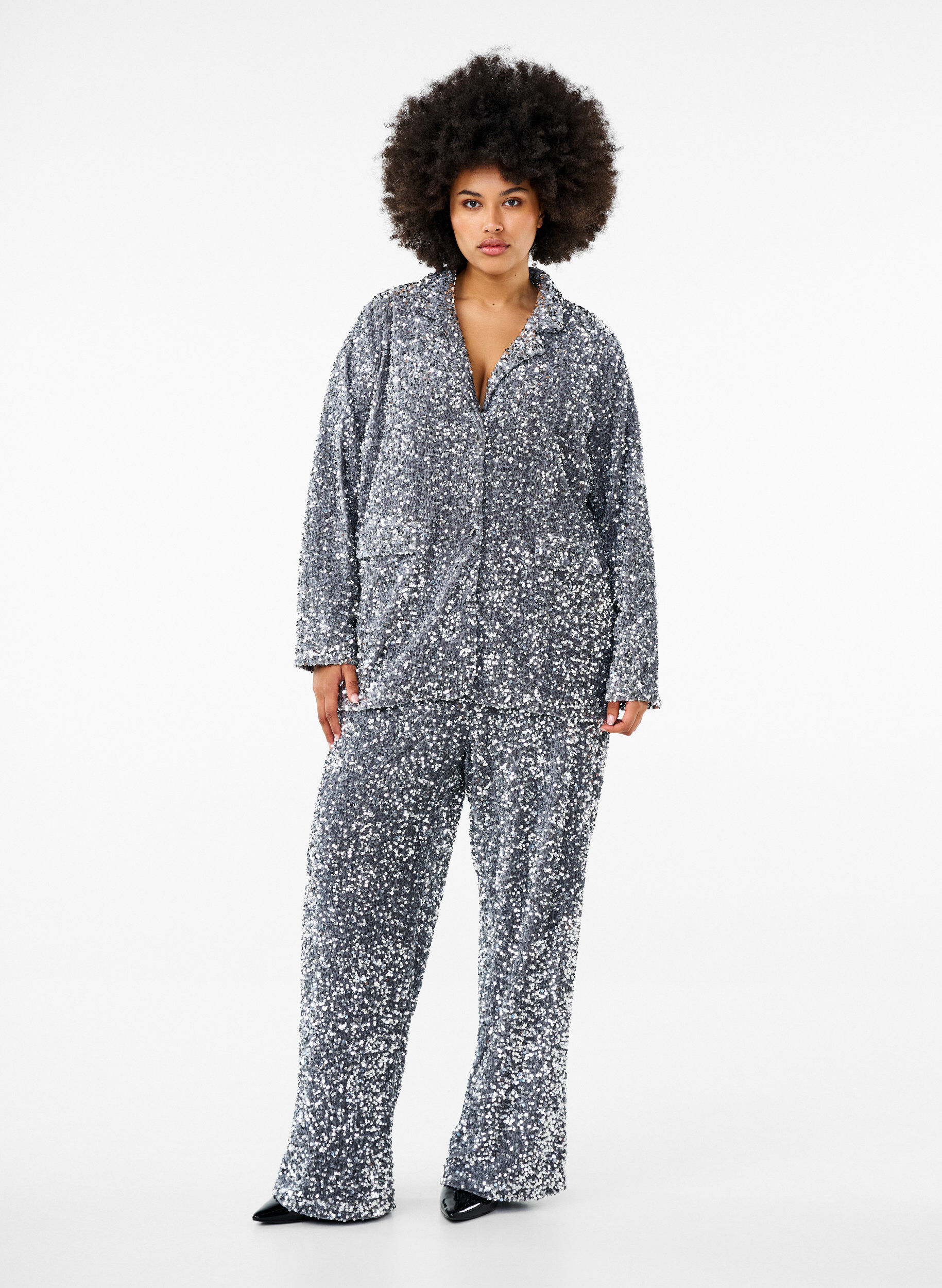 Zizzi Pailletten blazer met zakken, Silver, Model image number 2