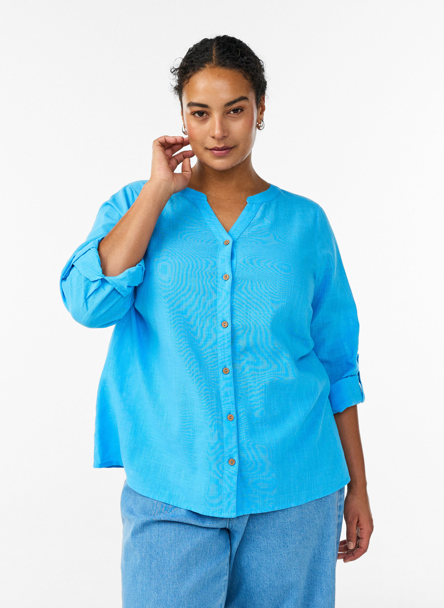 Zizzi Katoenen blouse met V-hals, Blauw, Model image number 0