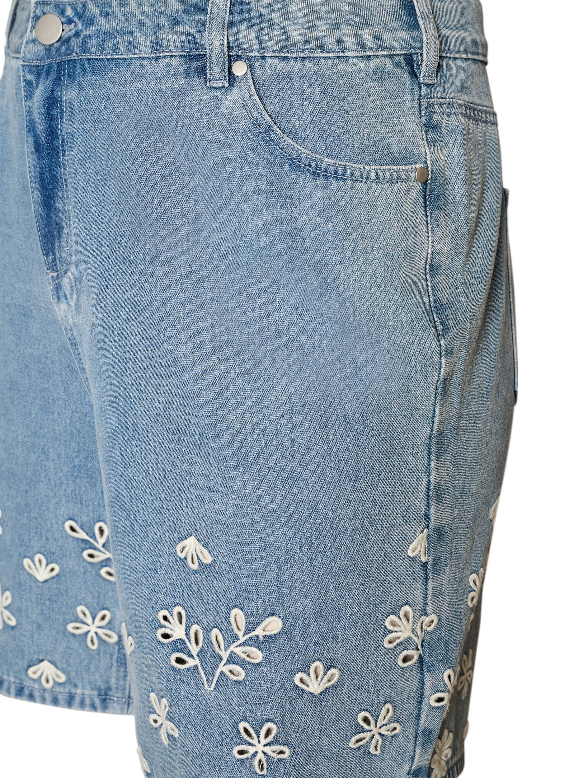Zizzi Denim shorts met broderie anglaise en hoge taille, Blauw, Packshot image number 2