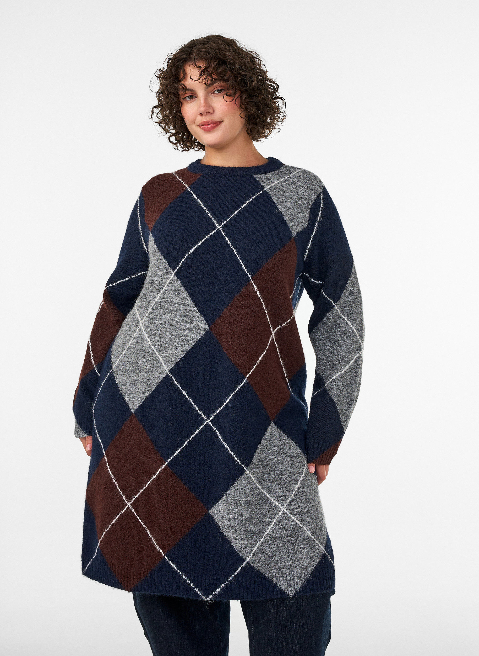 Gebreide jurk met groot ruitpatroon, Blauw, Model