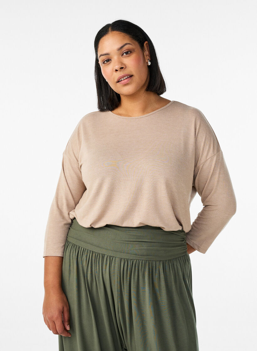 Jersey blouse met 3/4 mouwen, Beige, Model image number 0