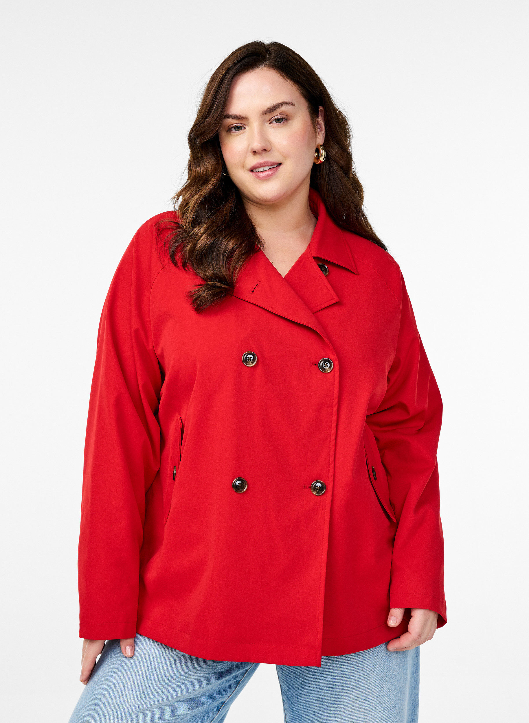 Korte trenchcoat met zakken, Rood, Model