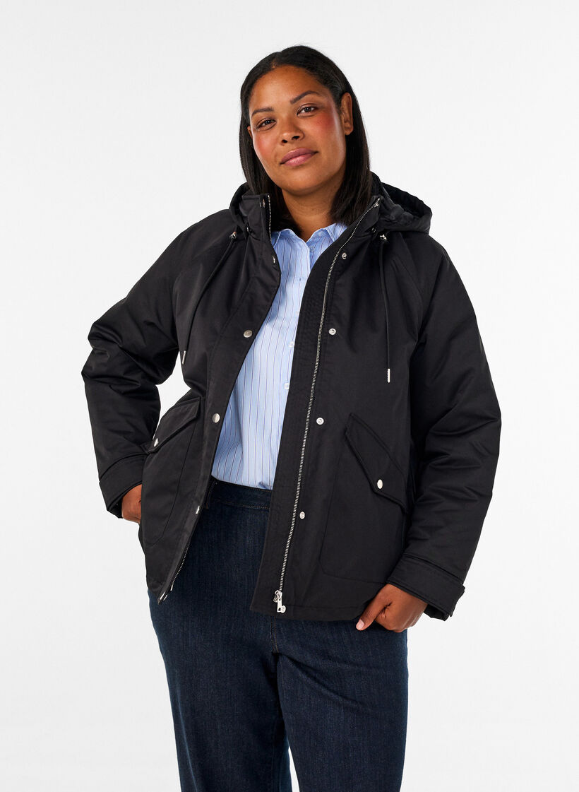 Gewatteerde parka met afneembare capuchon, Zwart, Model image number 0