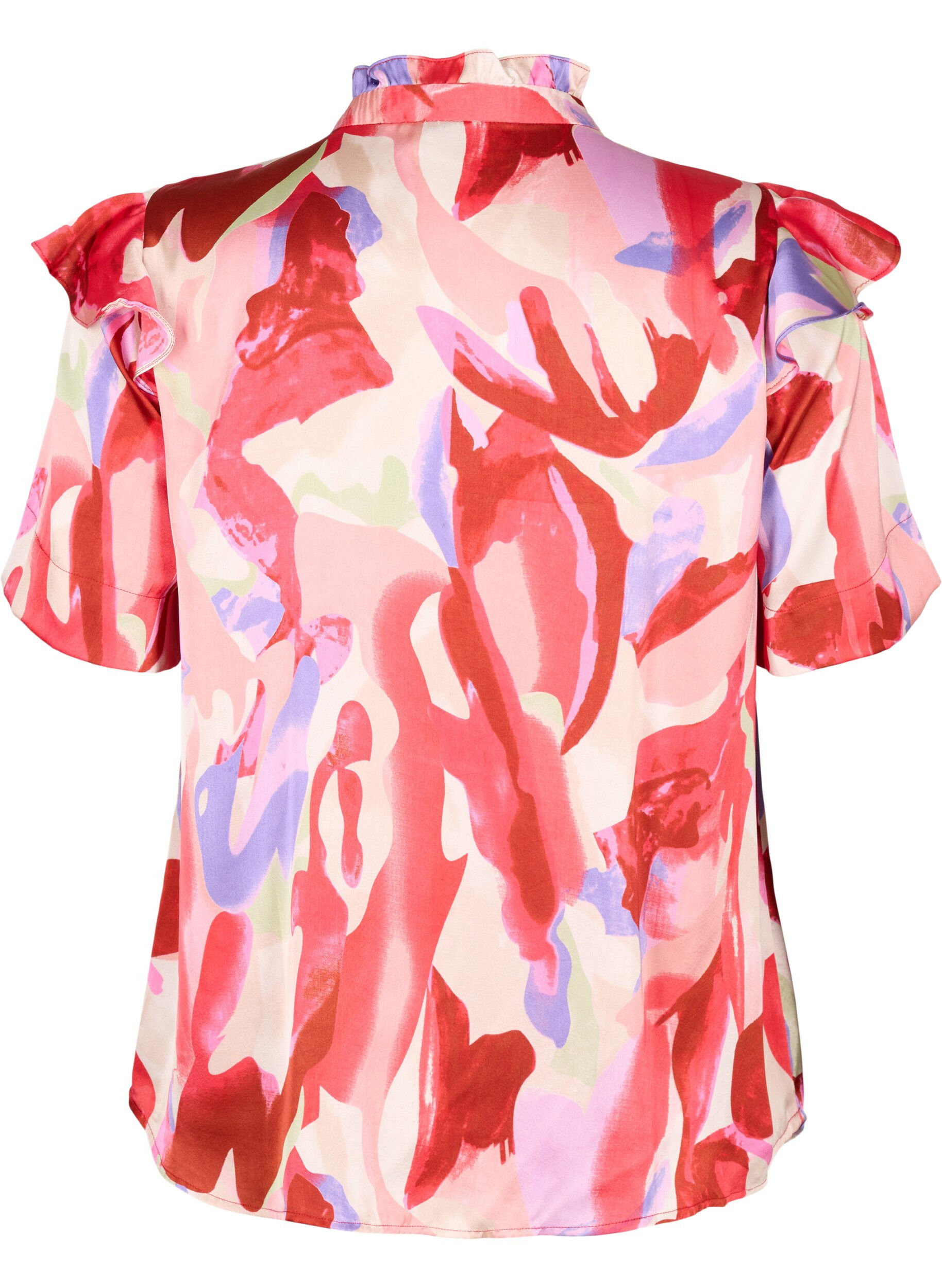 Zizzi Satijnen shirtblouse met print en ruches, Geranium Graphic AOP, Packshot image number 1