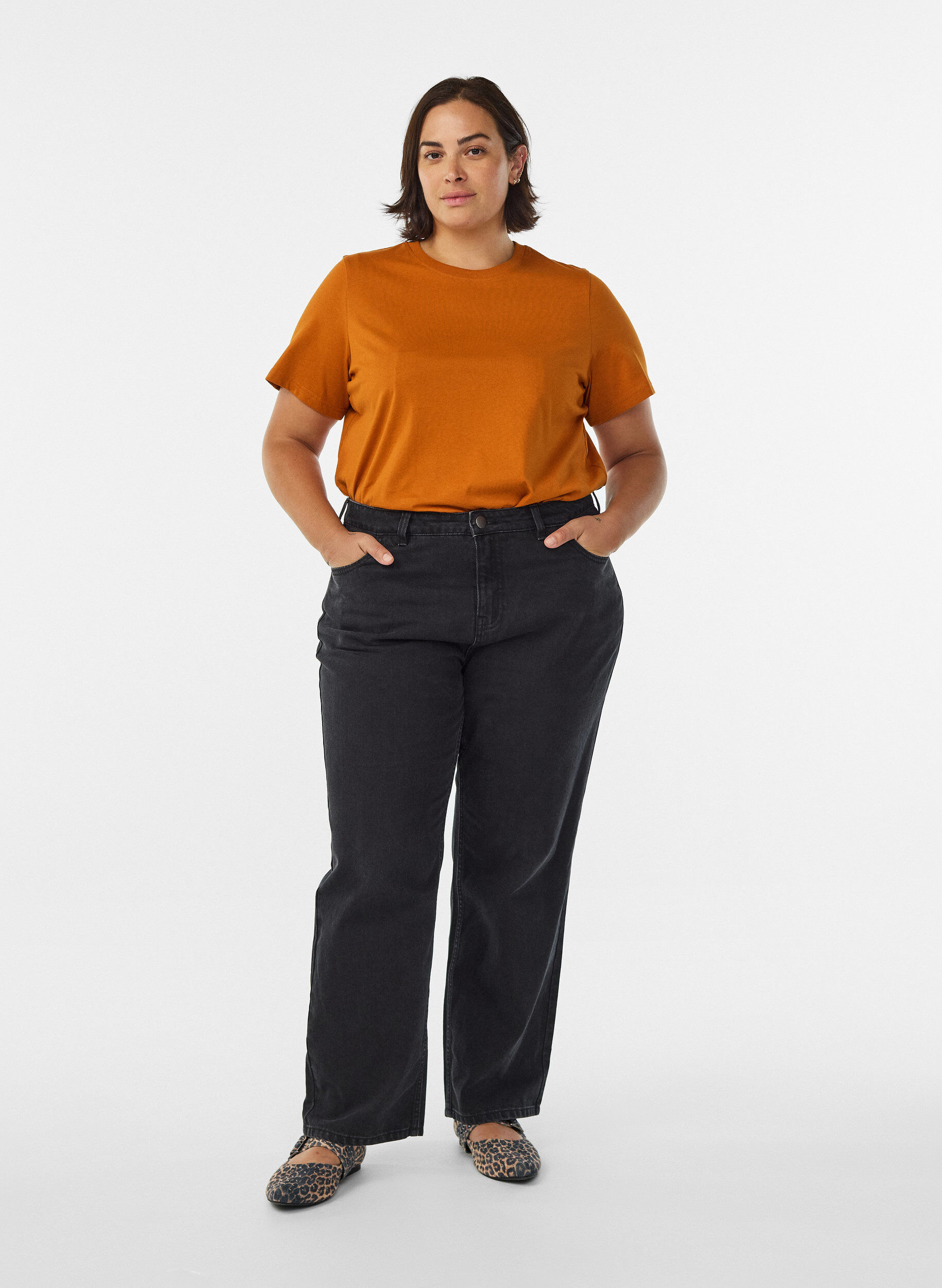ZizziBasic katoenen T-shirt met ronde hals, Oranje, Model image number 1