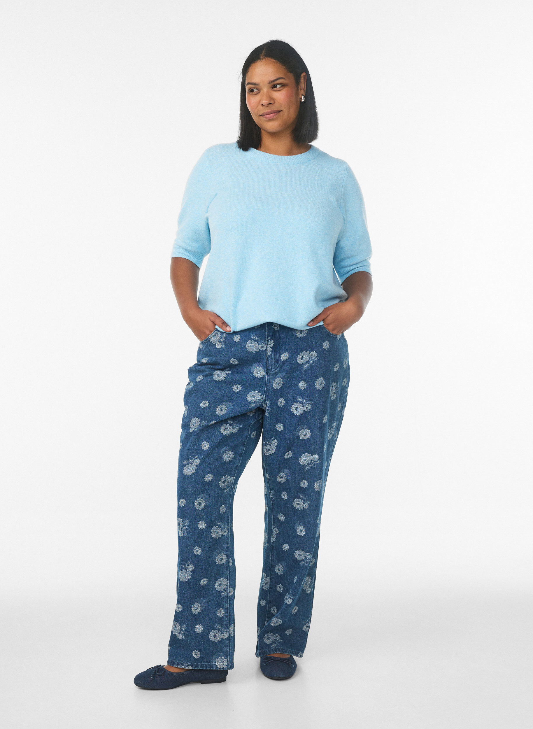 Zizzi Gebreide blouse met korte mouwen, Blauw, Model image number 1