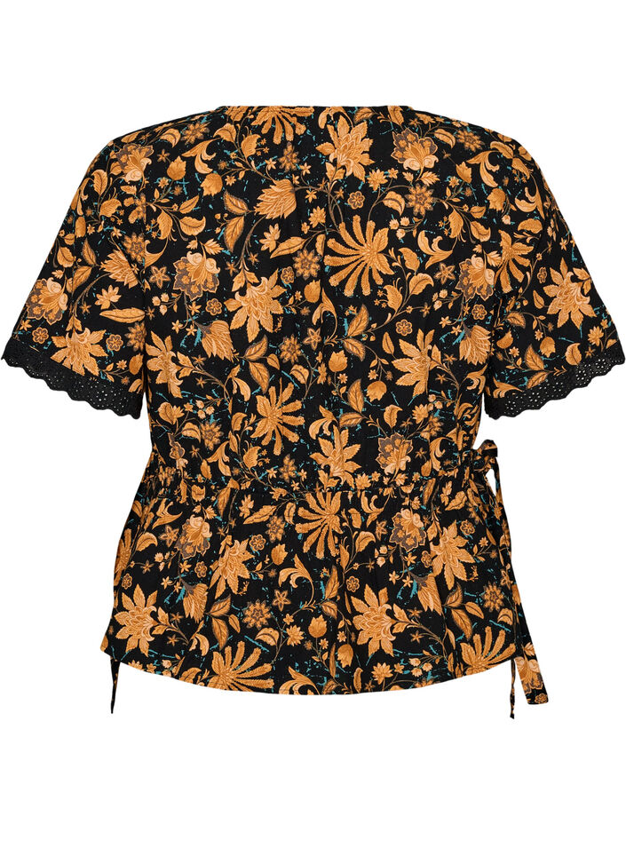 Katoenen blouse met bloemenprint en striksluiting, Oranje, Packshot image number 1