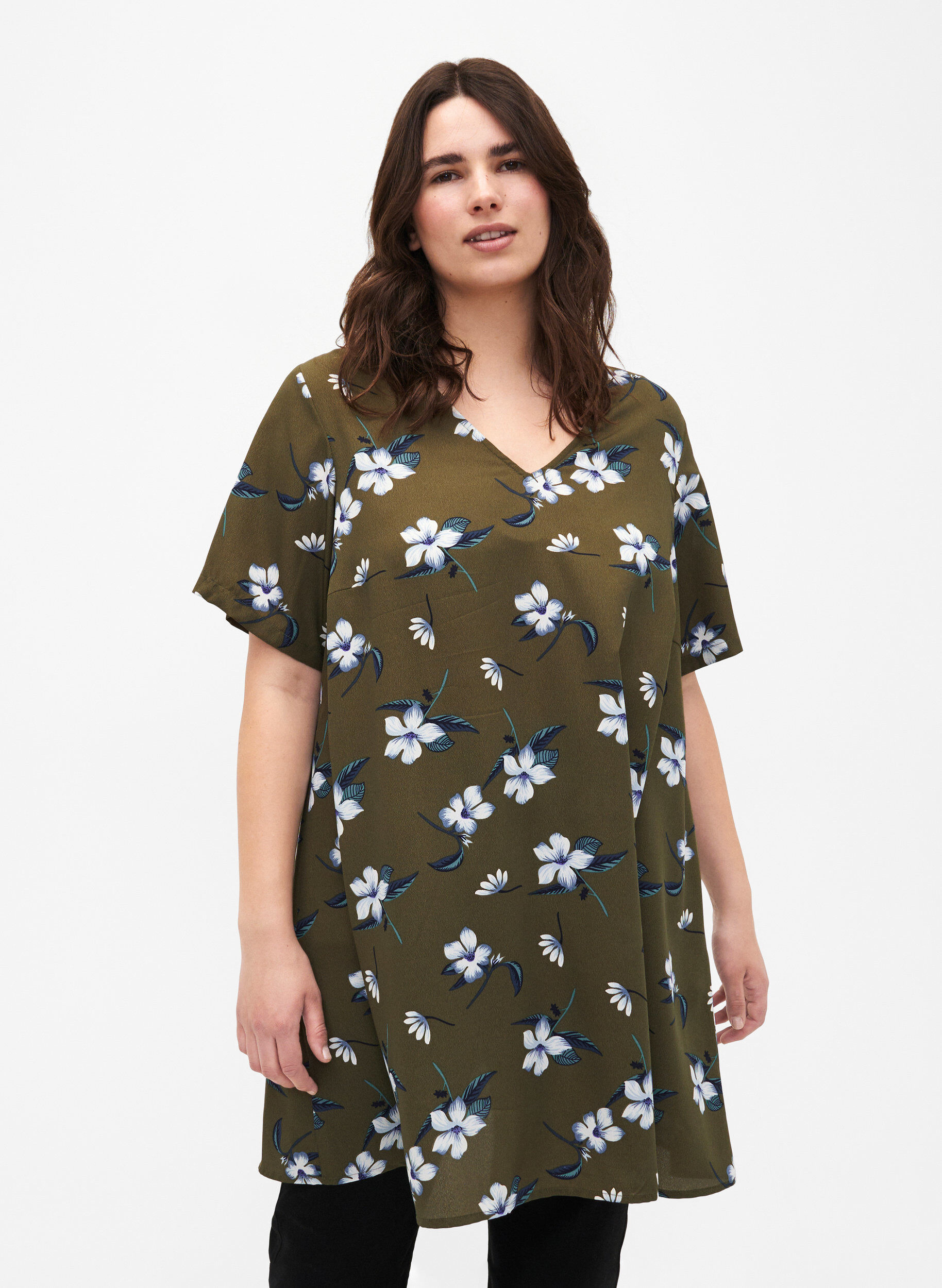 Zizzi FLASH - Tuniek met v-hals en print, Olive Night Flower, Model image number 0