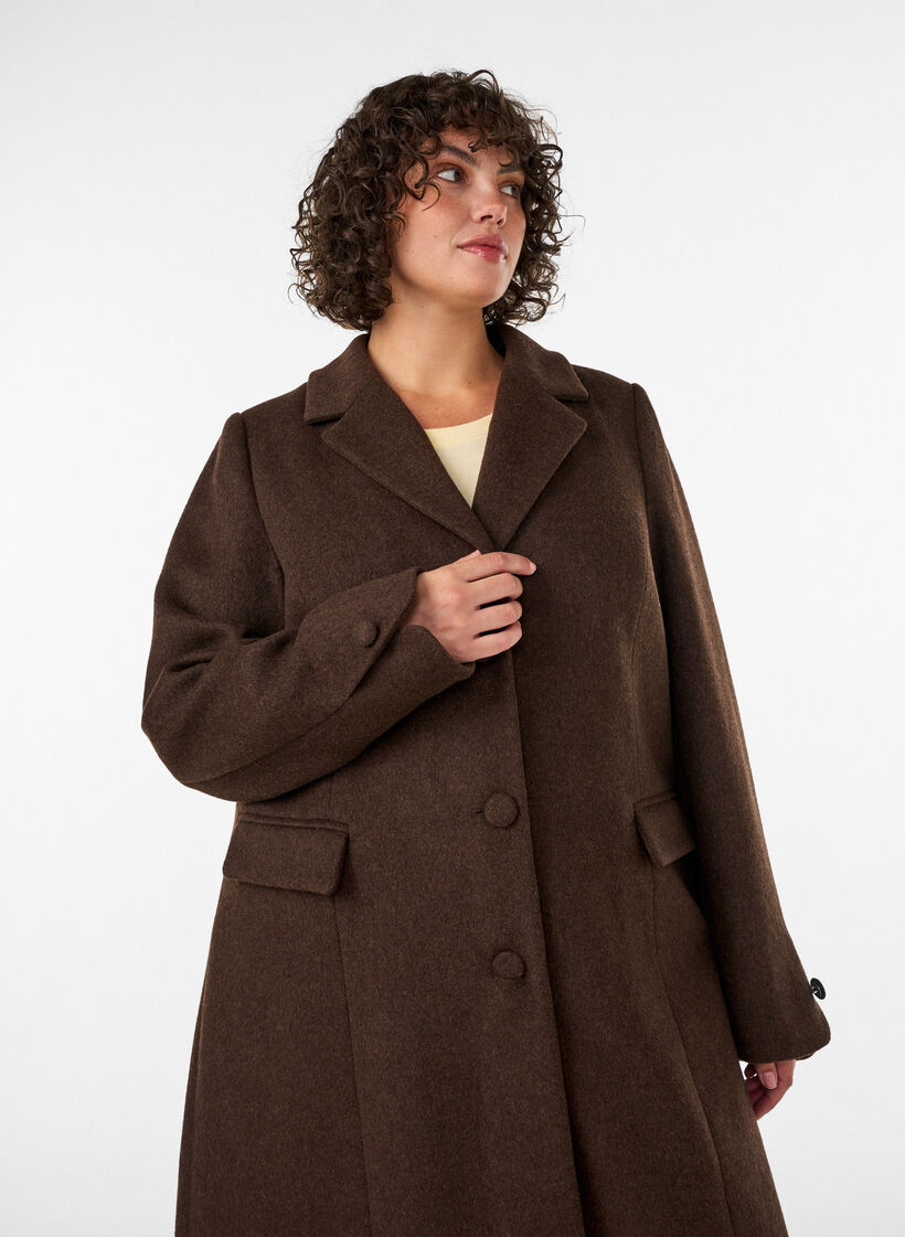 Wolblendjas met revers en knopen, Bruin, Model image number 3