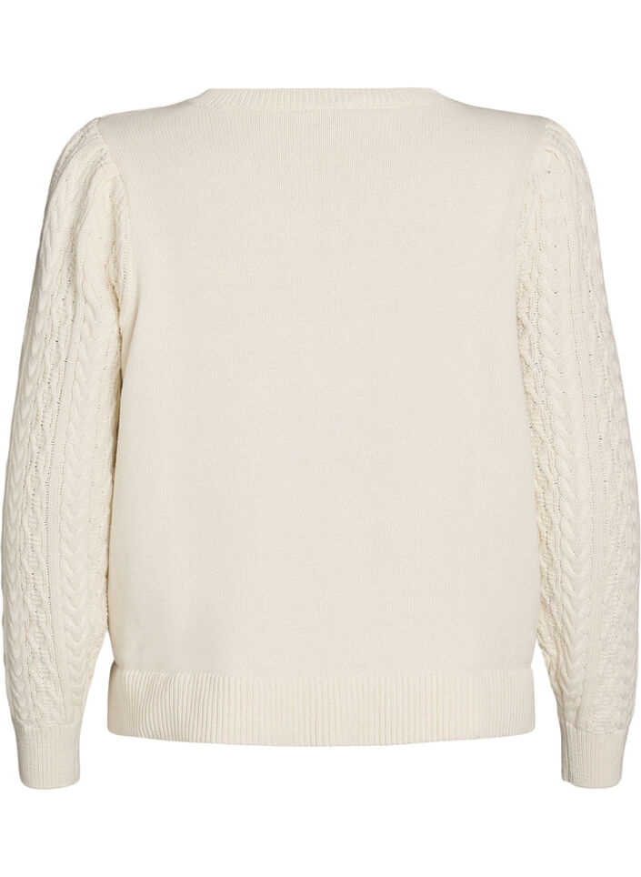 Gebreide blouse met kabelpatroon en geborduurde bloemen, Wit, Packshot image number 1