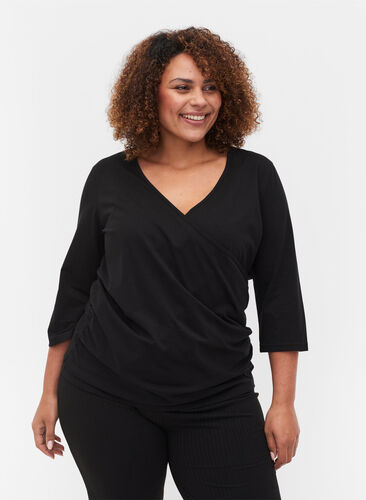 Katoenen blouse met 3/4 mouwen en wikkel, Black, Model image number 0