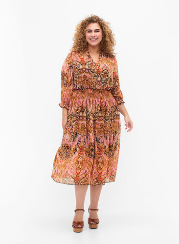 Midi-jurk met print, smock en 3/4-mouwen, Colorful Ethnic, Model image number 2