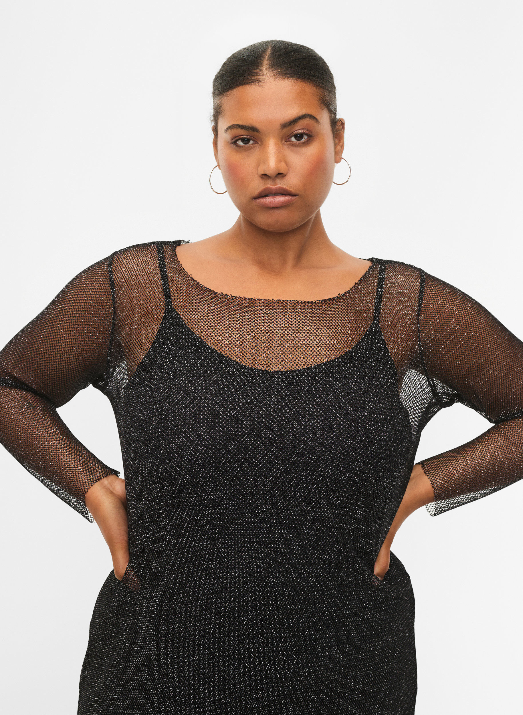 Zizzi Net-jurk met lange mouwen, Black w. Silver, Model image number 3