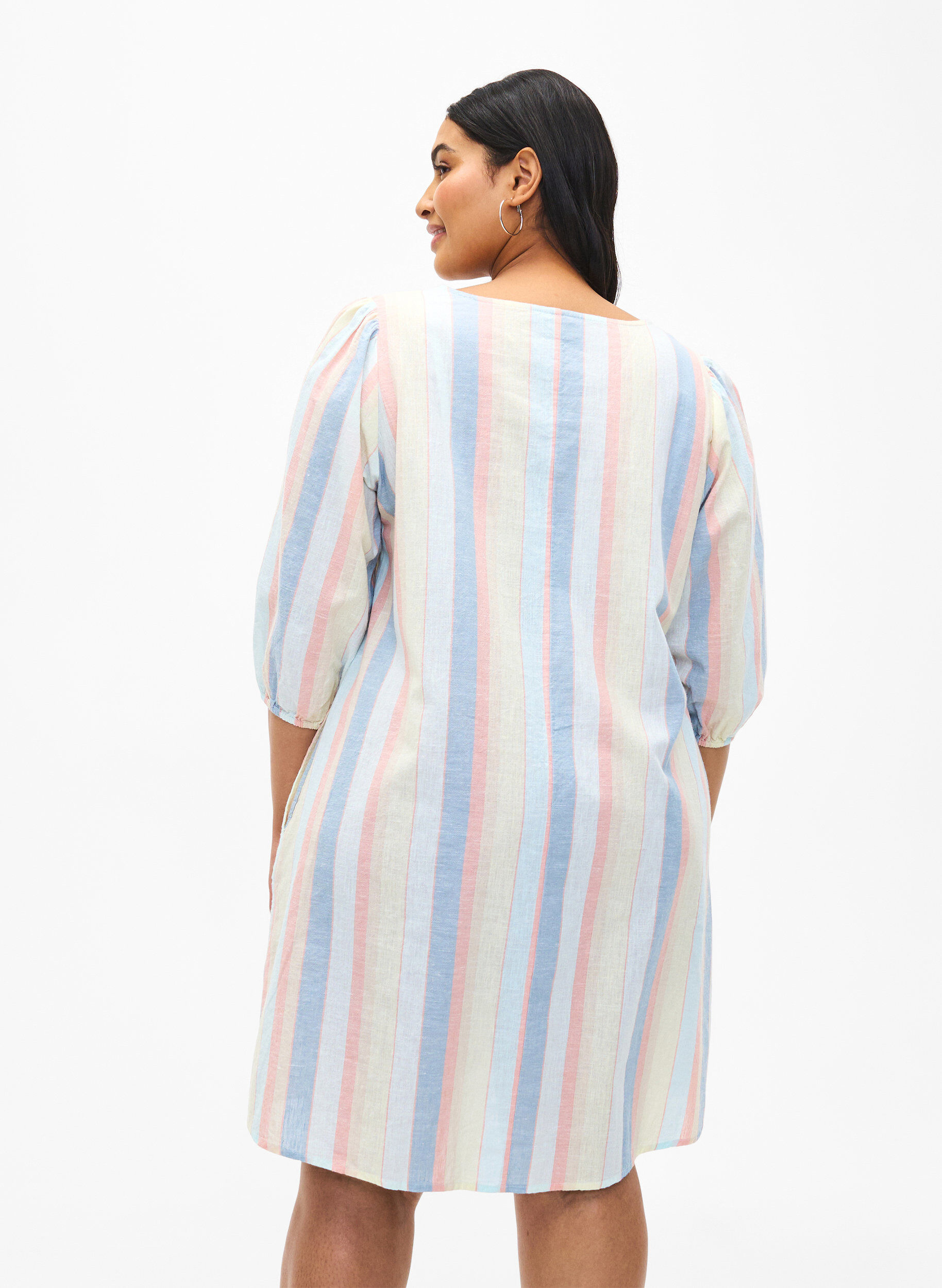 Zizzi Korte jurk van katoenmix met linnen, Multi Color Stripe, Model image number 1
