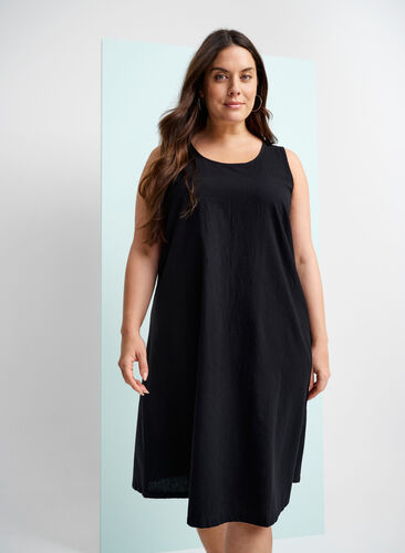 Mouwloze katoenen jurk met a-lijn, Black, Image image number 1