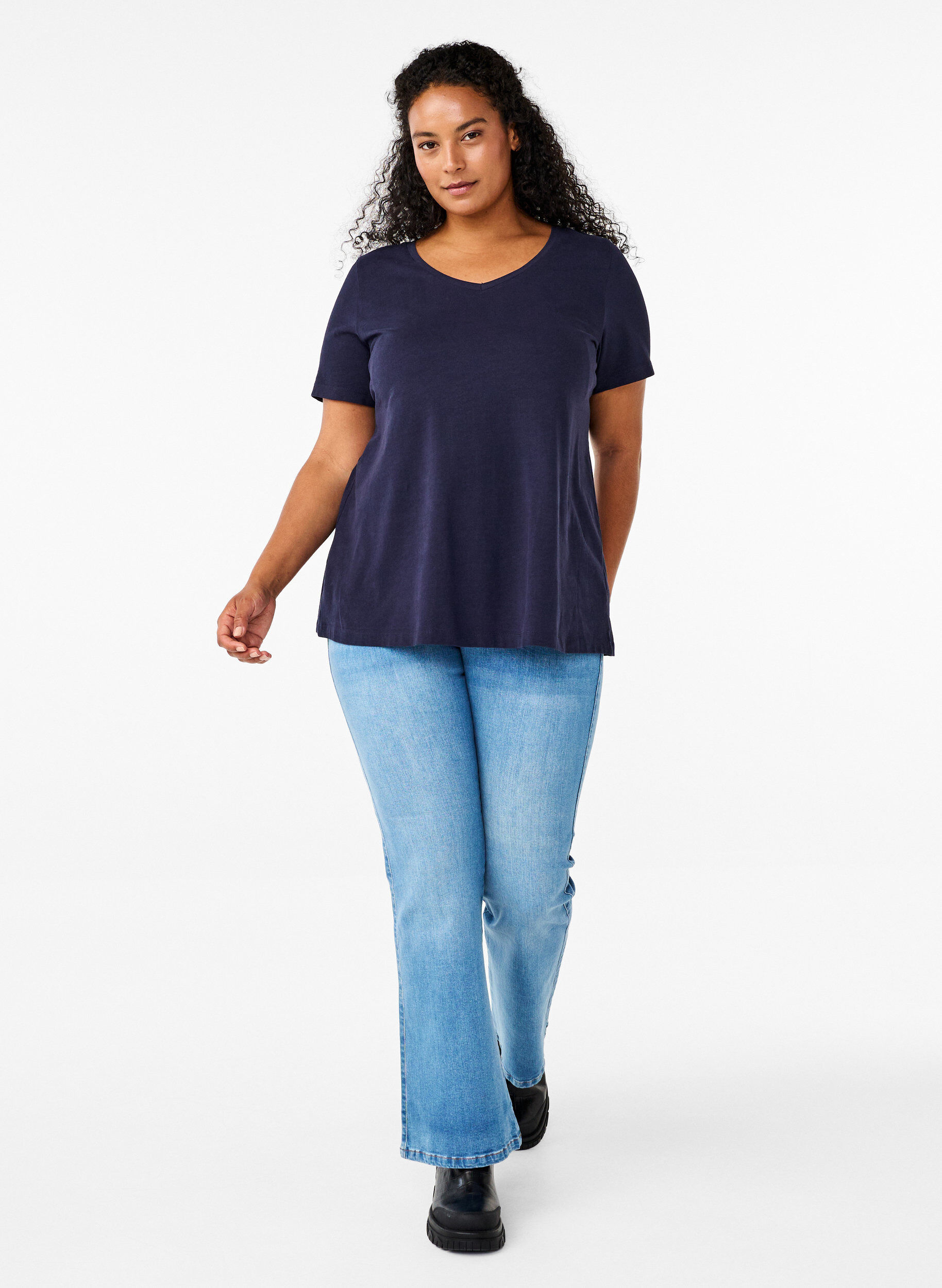 ZizziBasic t-shirt in effen kleur met katoen, Blauw, Model image number 1