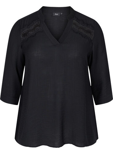 Viscose blouse met 3/4 mouwen en kant detail, Black, Packshot image number 0