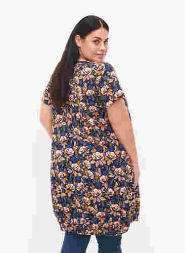 Katoenen jurk met korte mouwen en print, Blue Orange Flower, Model image number 1