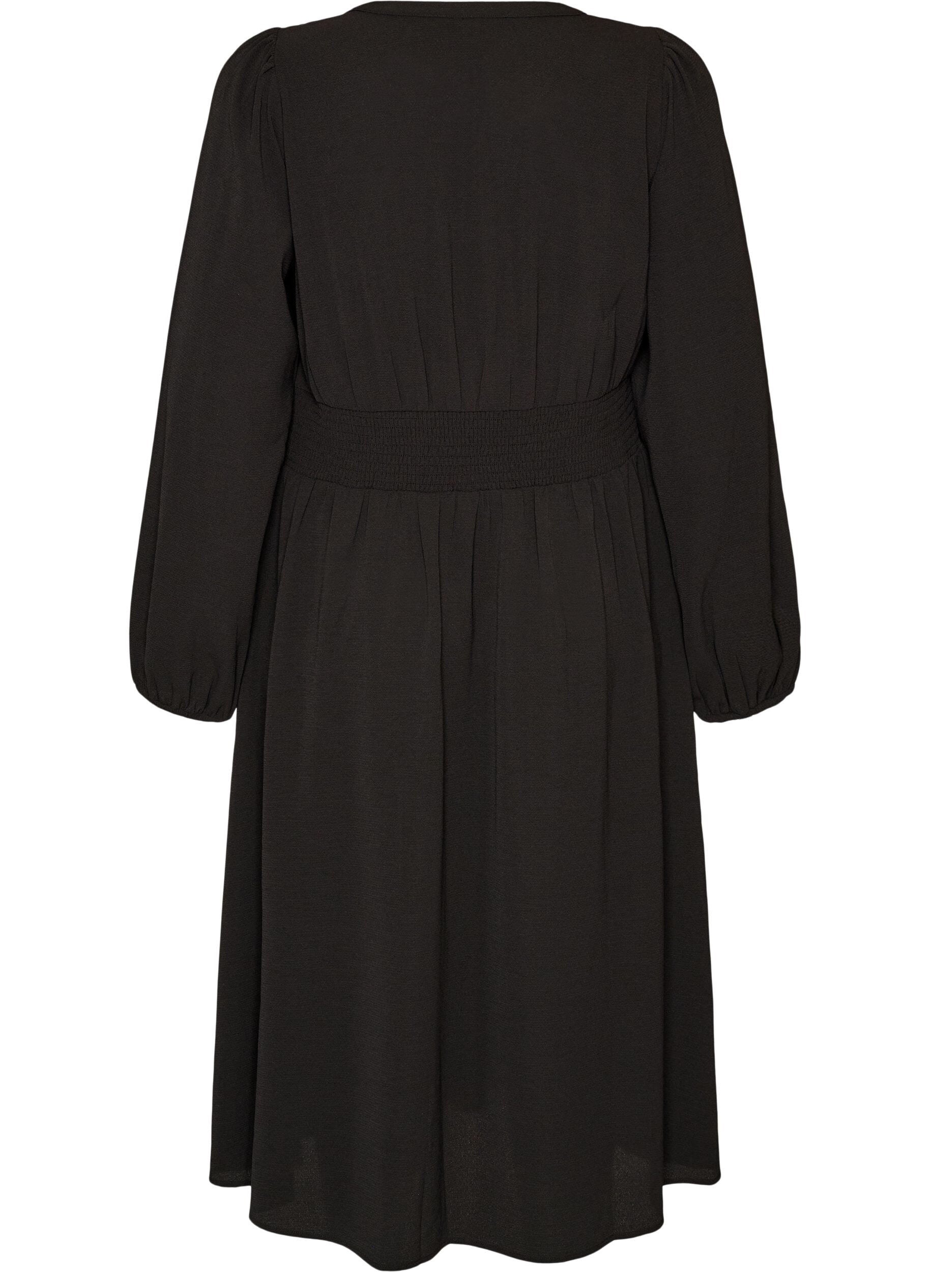ZizziMidi-jurk met smock en decoratieve knopen, Zwart, Packshot image number 1