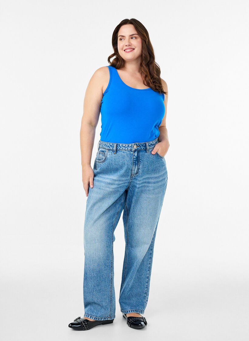 Solide kleur basis top in katoen, Blauw, Model image number 1
