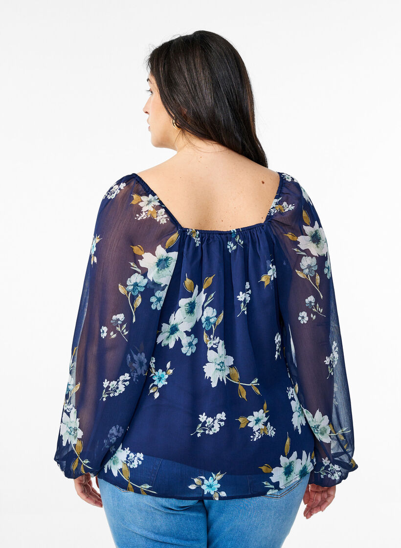 Chiffon blouse met bloemenprint en lange mouwen, Blauw, Model image number 2