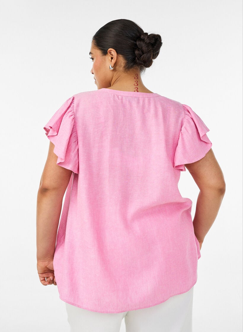Viscose en linnen blouse met ruches aan de mouwen, Roze, Model image number 2