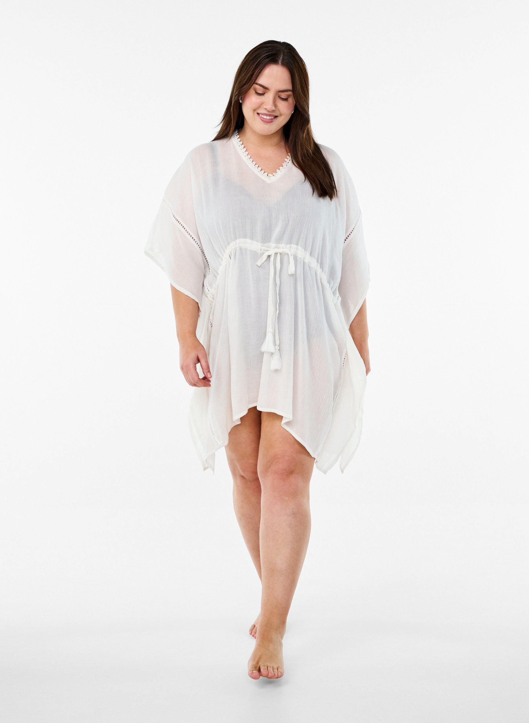 Zizzi Strandponcho met strikceintuur, Wit, Model image number 1