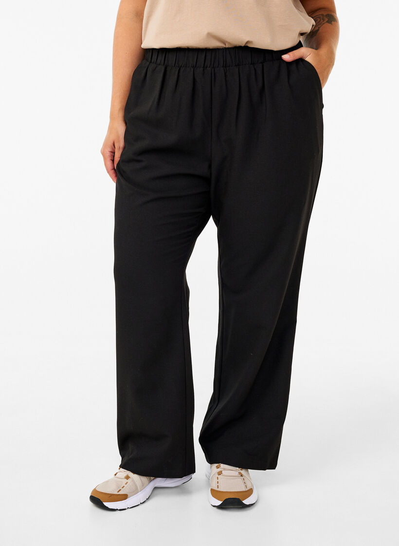 Flared broek met elastiek in de taille, Zwart, Model image number 2