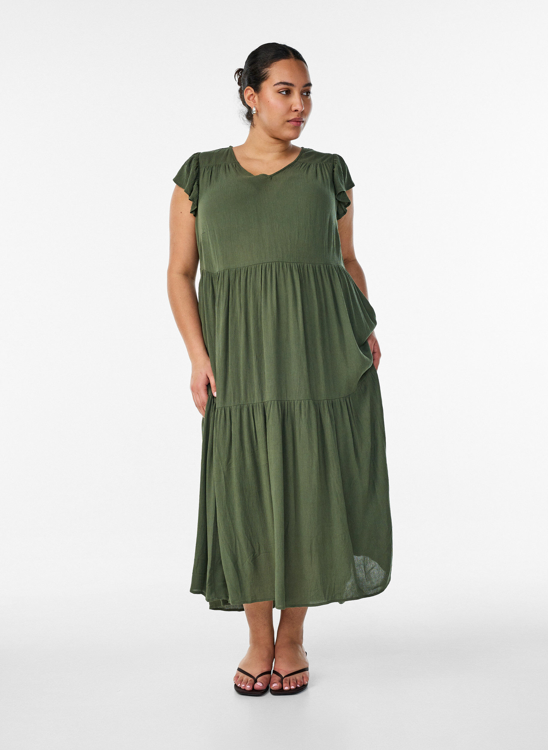 ZizziMidi jurk van viscose met ruches mouwen, Groen, Model image number 1