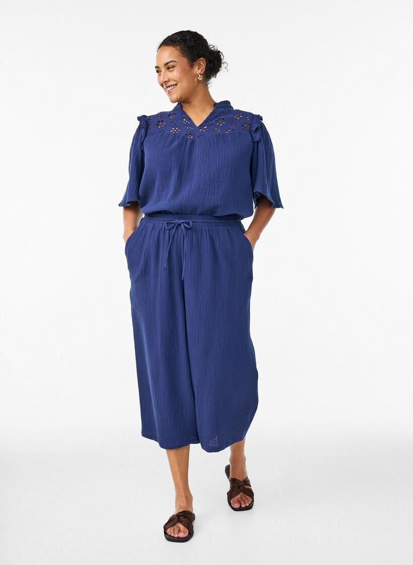 Culotte broek van katoen met hoge taille, Blauw, Model image number 0