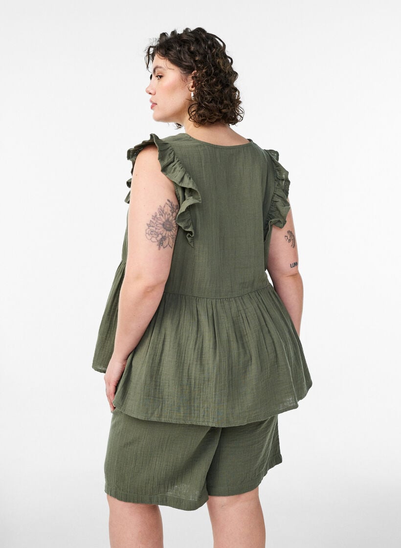 Los katoenen mousseline shorts met een hoge taille, Groen, Model image number 2