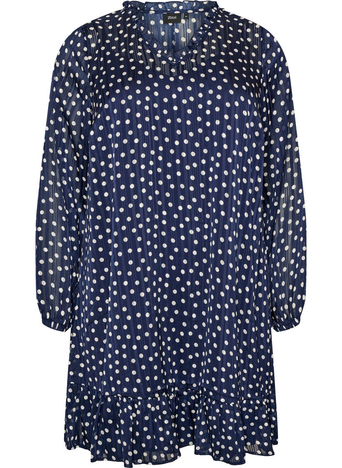 Jurk met patroon, ruches en lange mouwen, Blauw, Packshot image number 0