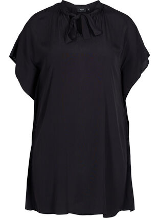 Viscose blouse met korte mouwen en strikdetail, Black, Packshot image number 0