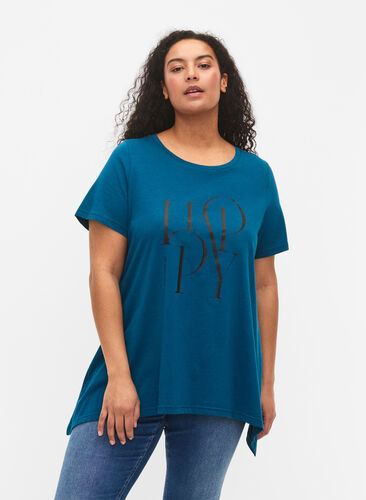T-shirt van katoen met tekstopdruk, Blue Coral HAPPY, Model image number 0