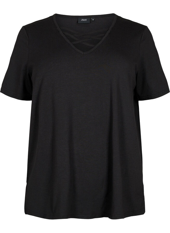 T-shirt met v-hals en kruisdetail, Black, Packshot