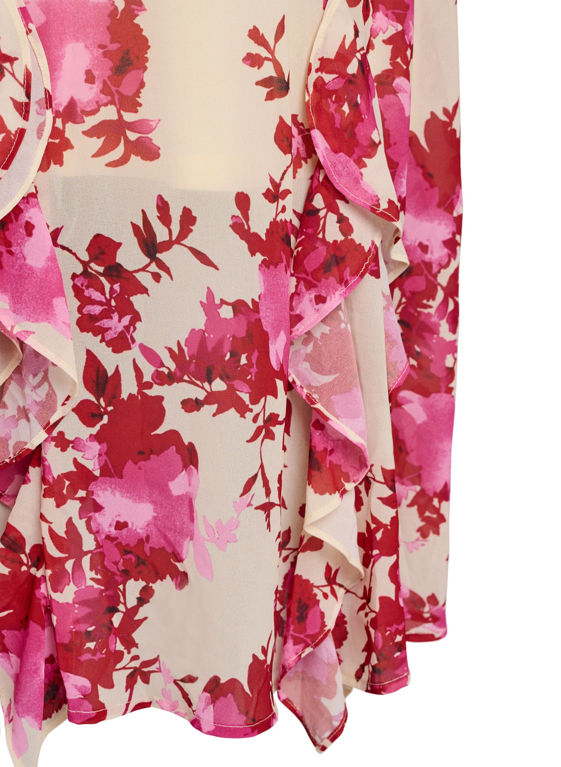 Zizzi Bloemenprint chiffon jurk met ruches en een V-hals, 9990, Packshot image number 3
