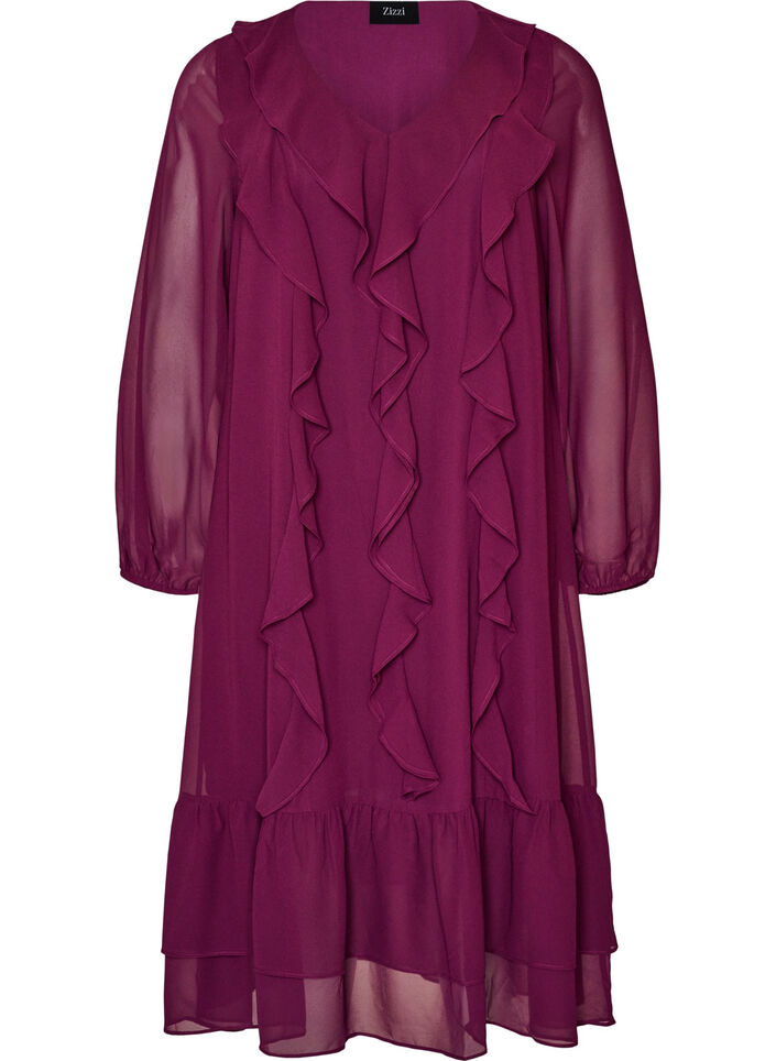 Jurk met ruches en V-hals, Rood, Packshot image number 0