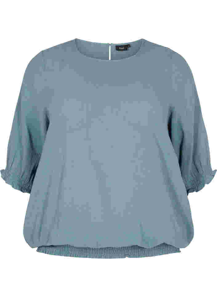 Katoenen blouse met smokwerk en korte mouwen, Goblin Blue