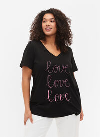 Katoenen t-shirt met v-hals en opdruk, Black W. Love, Model