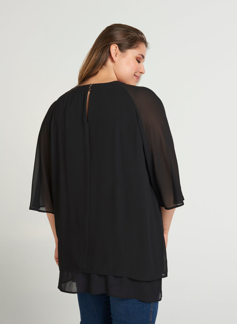 Chiffon blouse met 3/4 mouwen, Black, Model image number 0
