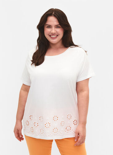 T-shirt in katoen met anglaise borduurwerk, Bright White, Model image number 0
