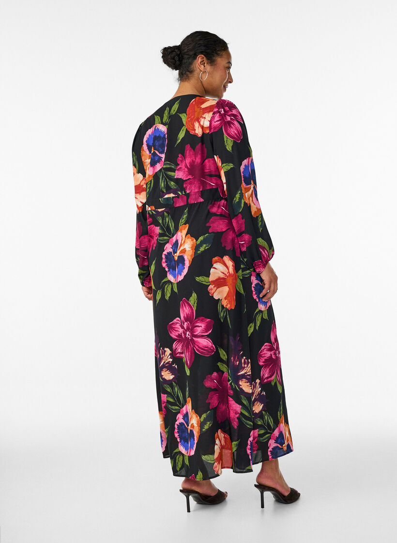 Maxijurk met overslaghals en lange mouwen, Zwart, Model image number 1