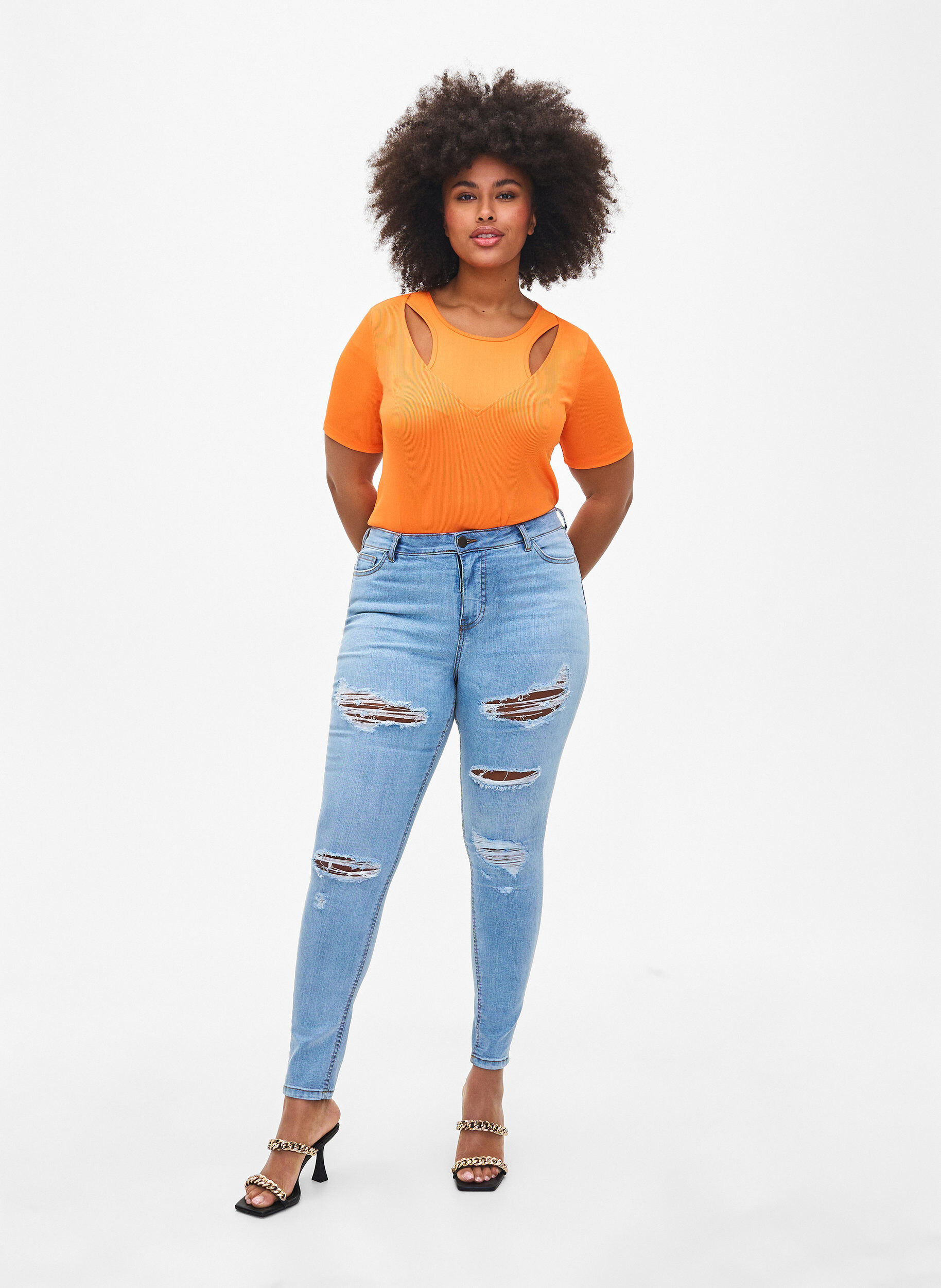 Zizzi Aansluitende blouse met mesh detail, Vibrant Orange, Model image number 2