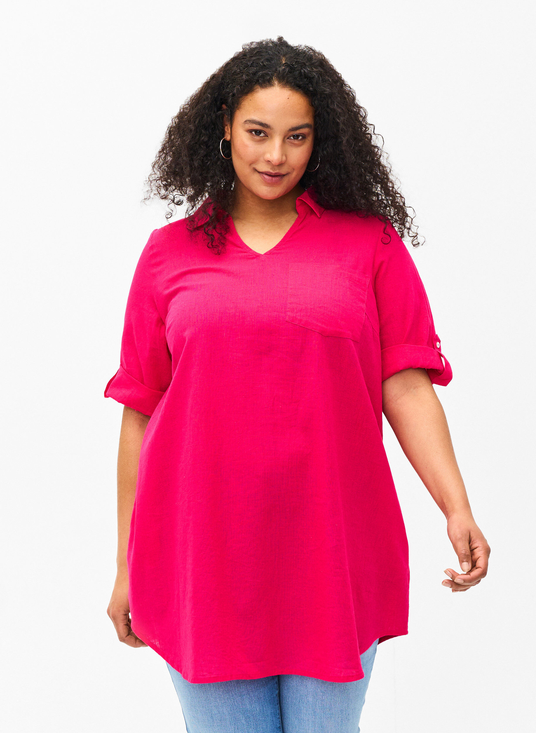 Zizzi Tuniek van katoenmix met korte mouwen en linnen, Bright Rose, Model image number 0