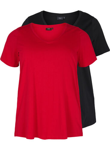 Set van 2 basic t-shirts in katoen, Tango Red/Black, Packshot image number 0