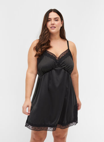 Pyjama jurk met kant en split, Black, Model image number 0