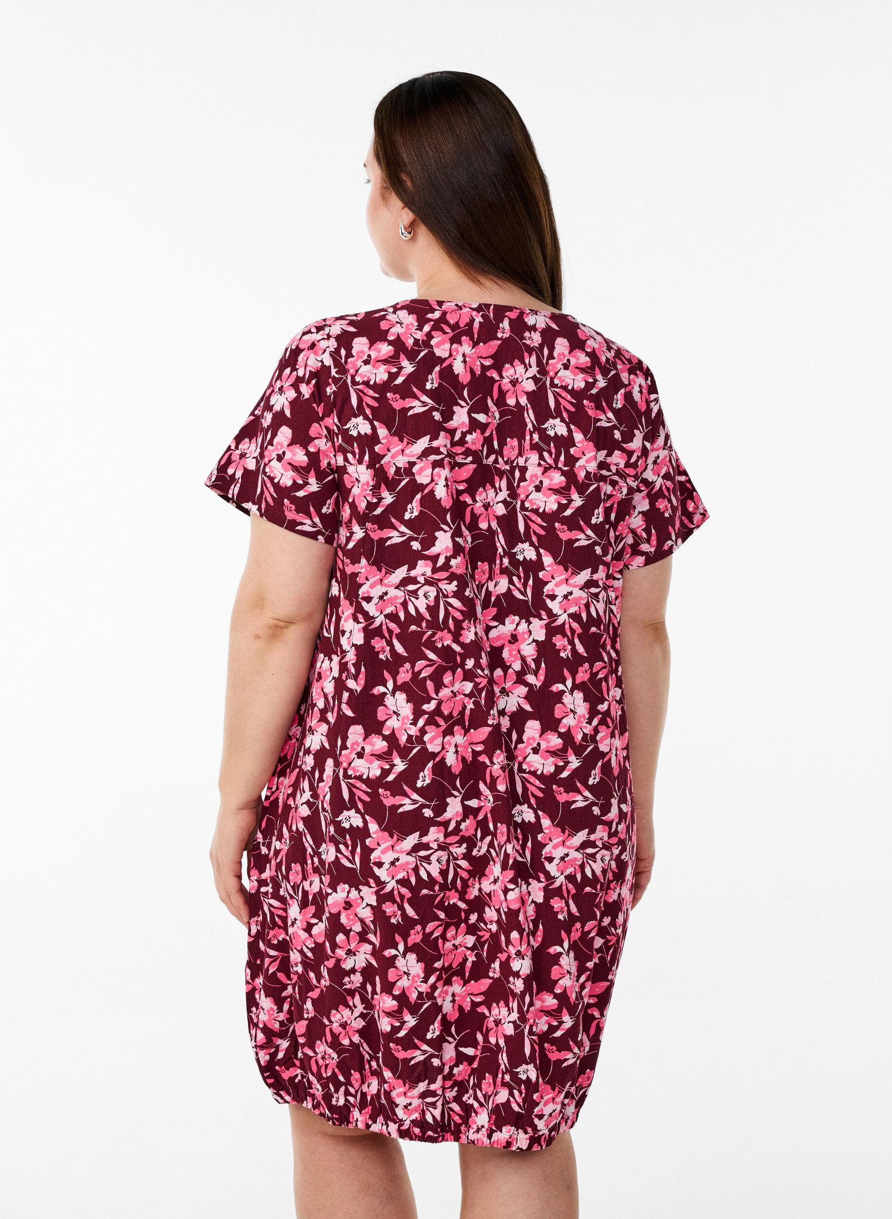 ZizziKatoenen jurk met korte mouwen en print, Donker Bordeaux, Model image number 2