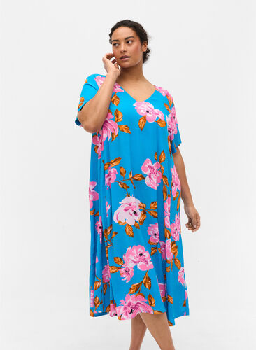 Viscose midi-jurk met bloemenprint, Blue Pink Flower, Model image number 0