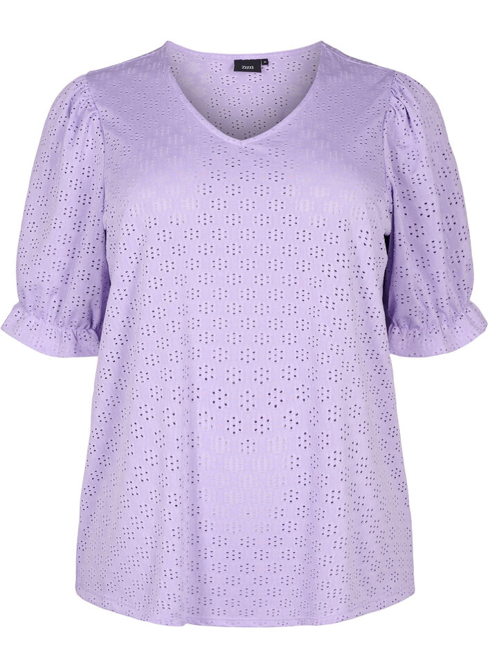 Blouse met V-hals en gaatjespatroon, Viola, Packshot image number 0